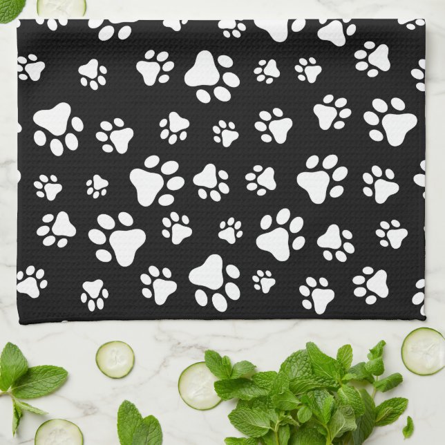 Pattern Of Paws, Paw Prints, Black and White Kitchen Towel (Folded)