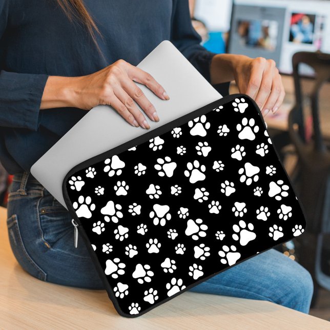 Pattern Of Paws, Paw Prints, Black and White Laptop Sleeve (Creator Uploaded)