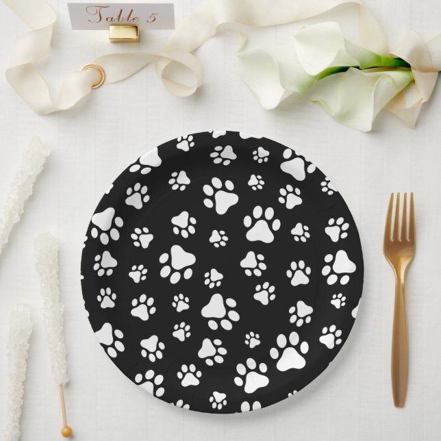 Pattern Of Paws, Paw Prints, Black and White Paper Plate (Wedding)