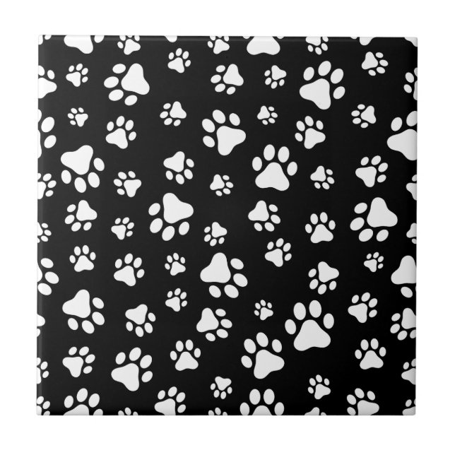 Pattern Of Paws, Paw Prints, Black and White Tile (Front)