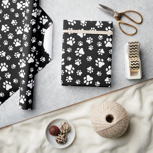 Pattern Of Paws, Paw Prints, Black and White Wrapping Paper (Crafts)