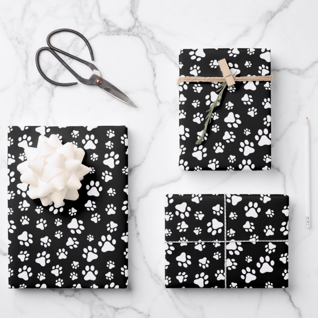 Pattern Of Paws, Paw Prints, Black and White Wrapping Paper Sheet (Front)