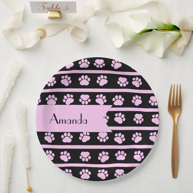 Pattern Of Paws, Pink Paws, Dog Paws, Your Name Paper Plate (Wedding)
