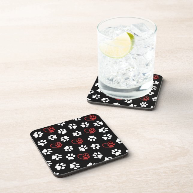 Pattern Of Paws, White Paws, Red Paws, Hearts Coaster (Right Side)