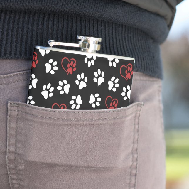 Pattern Of Paws, White Paws, Red Paws, Hearts Hip Flask (In Situ)