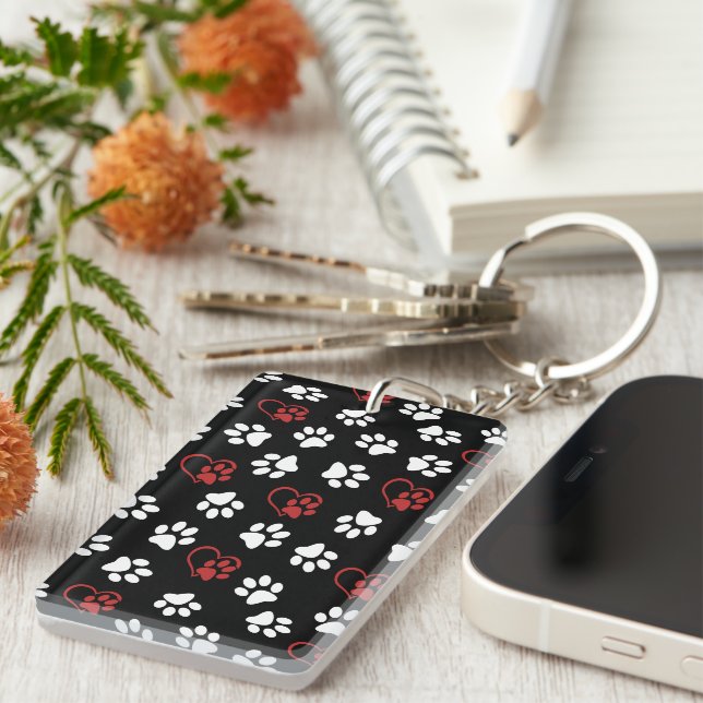 Pattern Of Paws, White Paws, Red Paws, Hearts Keychain (Front Right)