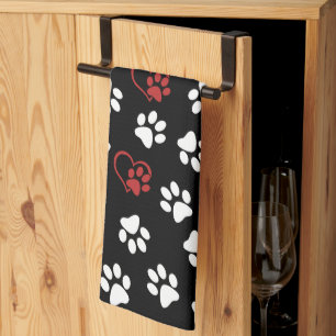 Pattern Of Paws, White Paws, Red Paws, Hearts Kitchen Towel