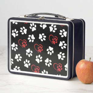 Pattern Of Paws, White Paws, Red Paws, Hearts Metal Lunch Box