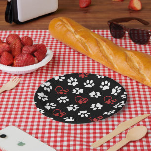 Pattern Of Paws, White Paws, Red Paws, Hearts Paper Plate