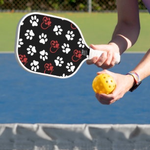 Pattern Of Paws, White Paws, Red Paws, Hearts Pickleball Paddle
