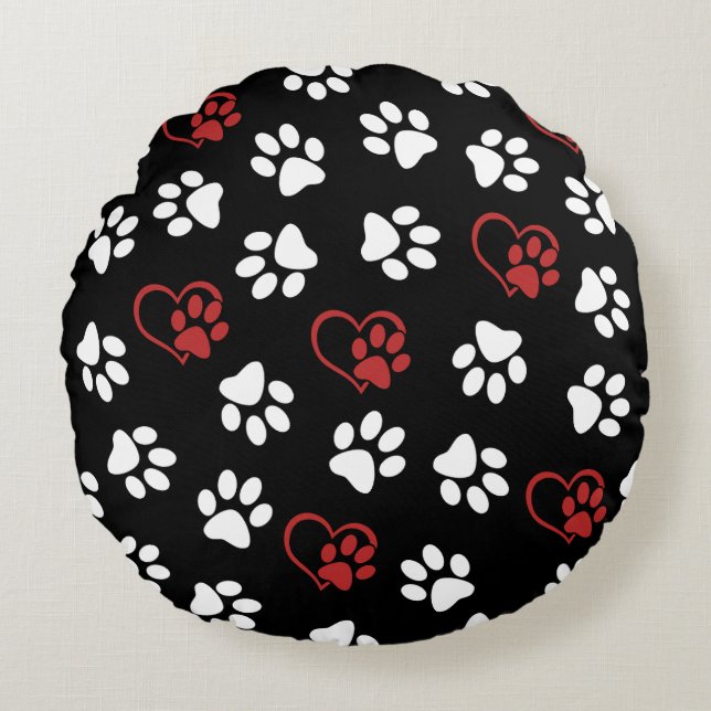 Pattern Of Paws, White Paws, Red Paws, Hearts Round Pillow (Front)