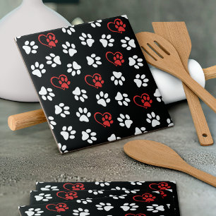 Pattern Of Paws, White Paws, Red Paws, Hearts Tile