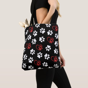 Pattern Of Paws, White Paws, Red Paws, Hearts Tote Bag