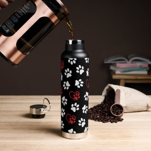 Pattern Of Paws, White Paws, Red Paws, Hearts Water Bottle