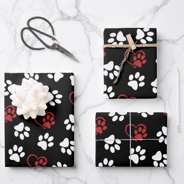 Pattern Of Paws, White Paws, Red Paws, Hearts Wrapping Paper Sheet (Front)