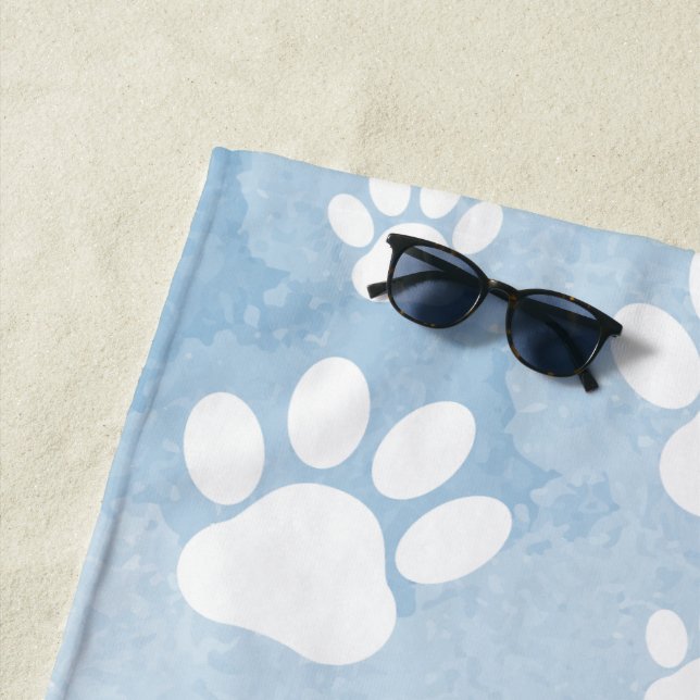 Pattern Of Paws, White Paws, Watercolors, Blue Beach Towel (In Situ)