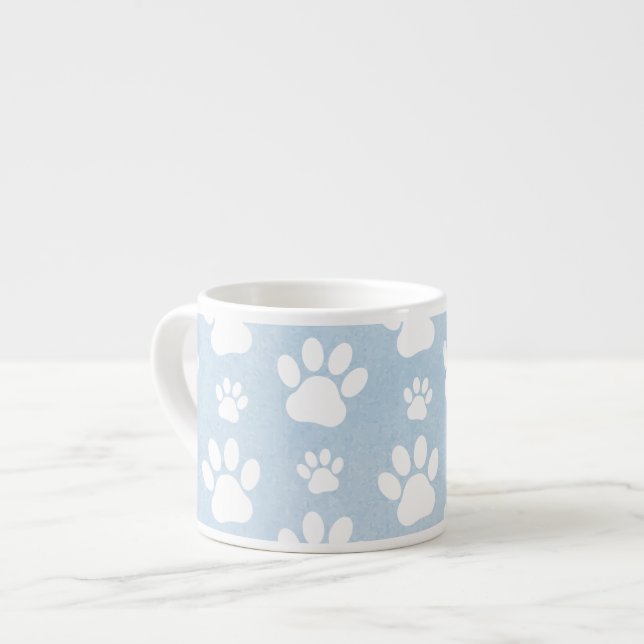 Pattern Of Paws, White Paws, Watercolors, Blue Espresso Cup (Front Left)