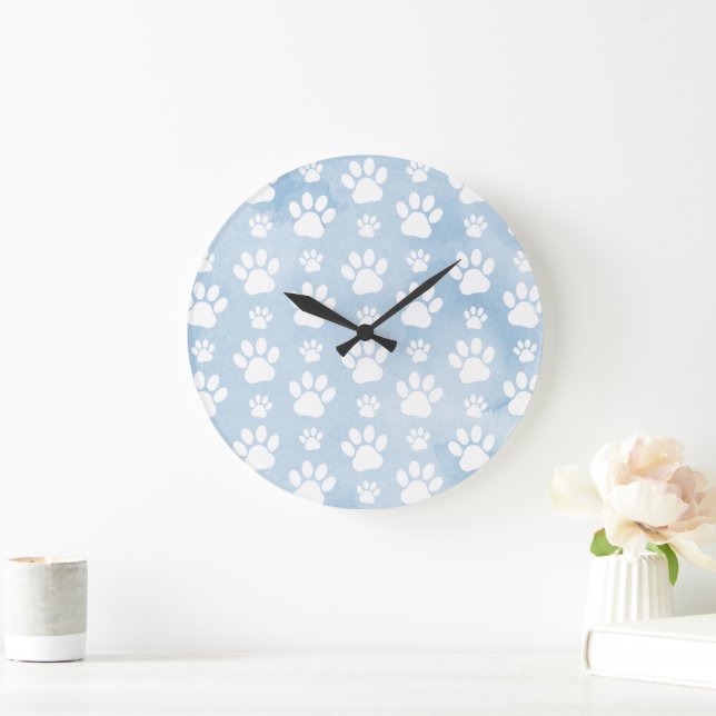 Pattern Of Paws, White Paws, Watercolors, Blue Large Clock (Home)