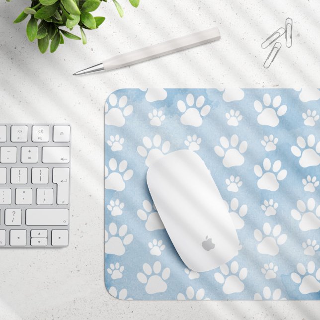 Pattern Of Paws, White Paws, Watercolors, Blue Mouse Pad (Creator Uploaded)