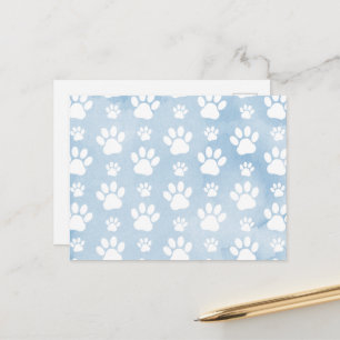 Pattern Of Paws, White Paws, Watercolors, Blue Postcard