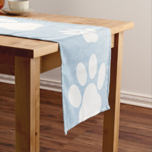 Pattern Of Paws, White Paws, Watercolors, Blue Short Table Runner