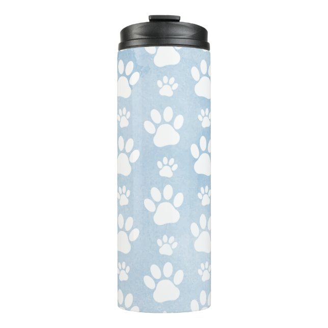 Pattern Of Paws, White Paws, Watercolors, Blue Thermal Tumbler (Front)