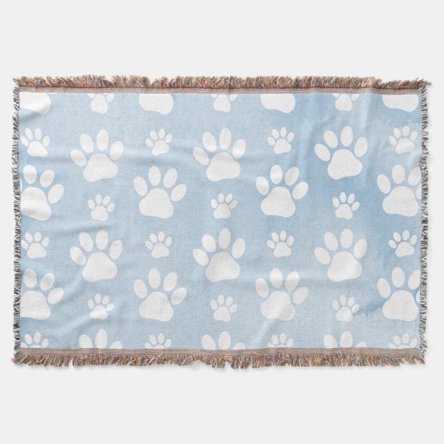 Pattern Of Paws, White Paws, Watercolors, Blue Throw Blanket (Front)