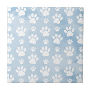 Pattern Of Paws, White Paws, Watercolors, Blue Tile