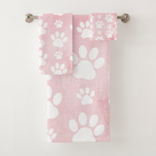 Pattern Of Paws, White Paws, Watercolors, Pink Bath Towel Set
