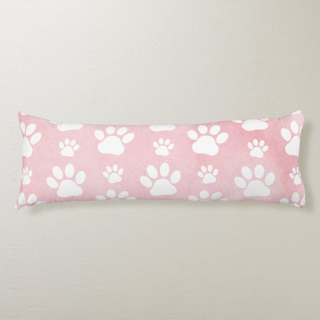 Pattern Of Paws, White Paws, Watercolors, Pink Body Pillow (Front)