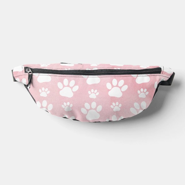 Pattern Of Paws, White Paws, Watercolors, Pink Fanny Pack (Lay Down)