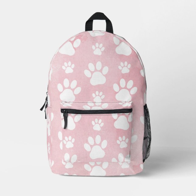 Pattern Of Paws, White Paws, Watercolors, Pink Printed Backpack (Front)