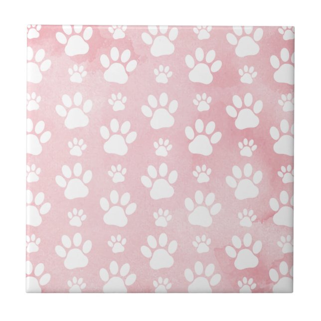 Pattern Of Paws, White Paws, Watercolors, Pink Tile (Front)