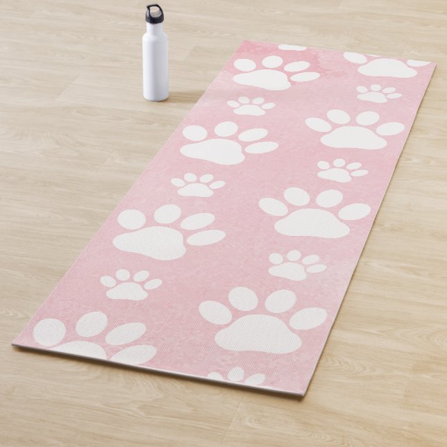 Pattern Of Paws, White Paws, Watercolors, Pink Yoga Mat (In Situ)