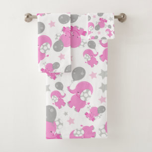 Pattern Of Pink Elephants, Cute Elephants, Stars Bath Towel Set