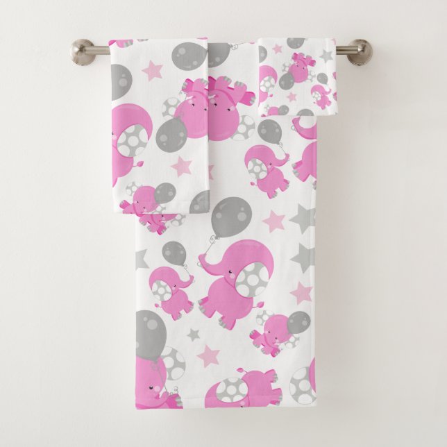 Pattern Of Pink Elephants, Cute Elephants, Stars Bath Towel Set (Insitu)