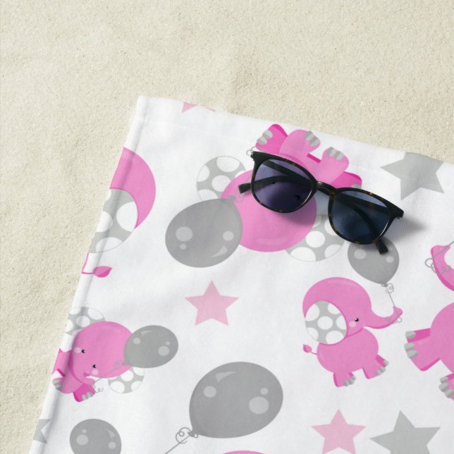 Pattern Of Pink Elephants, Cute Elephants, Stars Beach Towel (In Situ)