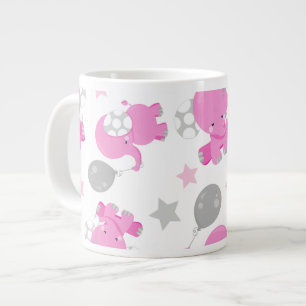Pattern Of Pink Elephants, Cute Elephants, Stars Large Coffee Mug