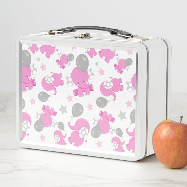 Pattern Of Pink Elephants, Cute Elephants, Stars Metal Lunch Box (In Situ)