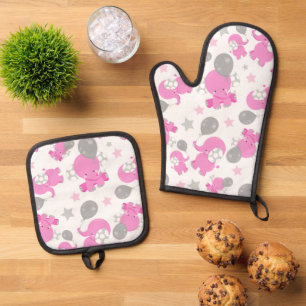 Pattern Of Pink Elephants, Cute Elephants, Stars Oven Mitt & Pot Holder Set