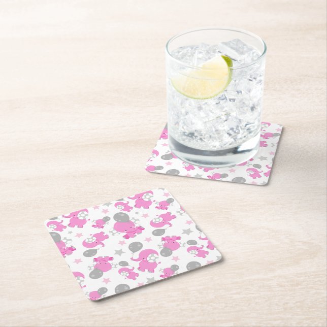 Pattern Of Pink Elephants, Cute Elephants, Stars Square Paper Coaster (Insitu)