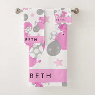 Pattern Of Pink Elephants, Stars, Your Name Bath Towel Set