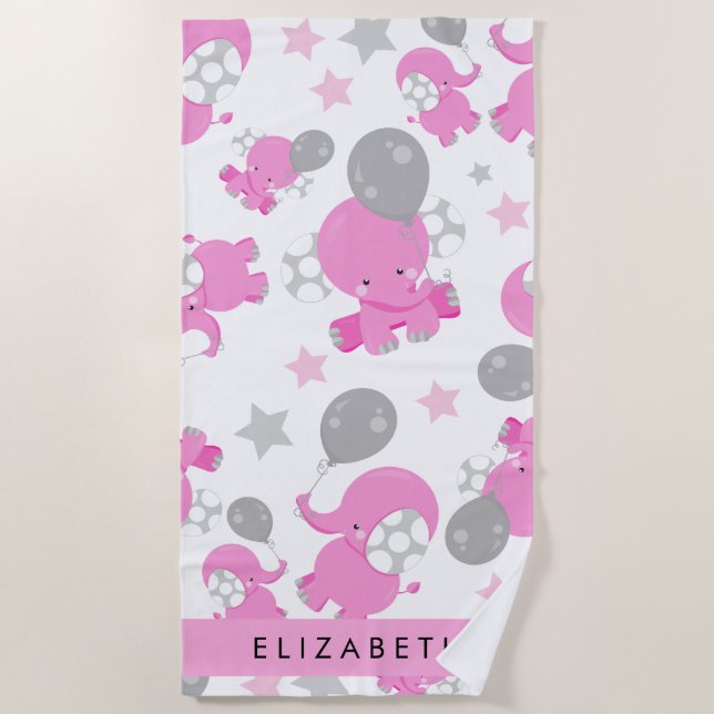 Pattern Of Pink Elephants, Stars, Your Name Beach Towel (Front)