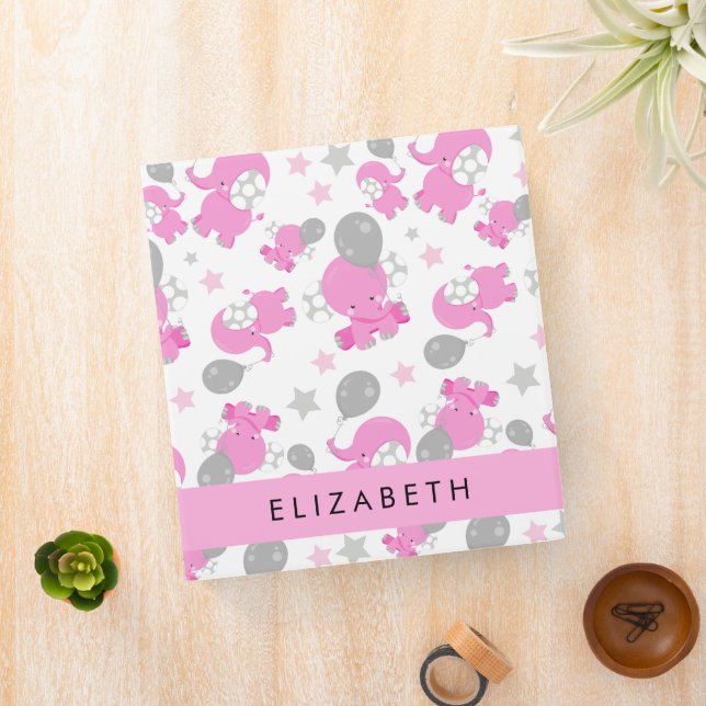 Pattern Of Pink Elephants, Stars, Your Name Binder (In Situ)