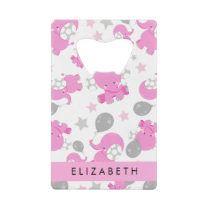 Pattern Of Pink Elephants, Stars, Your Name Credit Card Bottle Opener