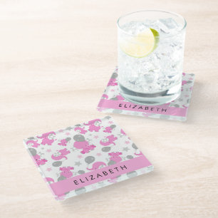 Pattern Of Pink Elephants, Stars, Your Name Glass Coaster