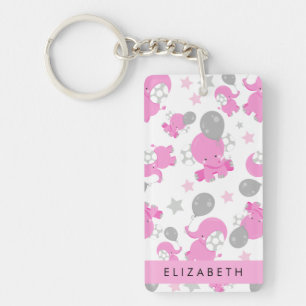 Pattern Of Pink Elephants, Stars, Your Name Keychain