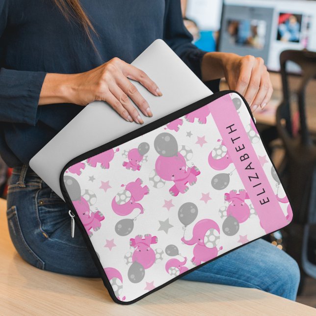 Pattern Of Pink Elephants, Stars, Your Name Laptop Sleeve (Creator Uploaded)