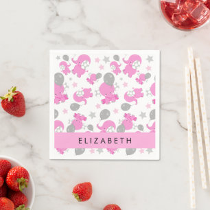 Pattern Of Pink Elephants, Stars, Your Name Napkin