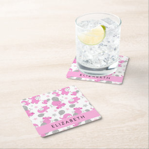 Pattern Of Pink Elephants, Stars, Your Name Square Paper Coaster